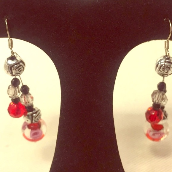 Red black clear BoHo OOAK glass retro pierced dangle sexy RETRO hippie earrings - Picture 12 of 17
